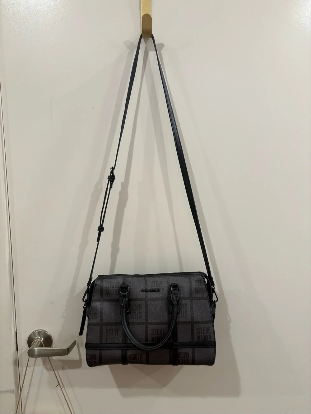 Steve Madden Black and Gray Logo Grid Satchel